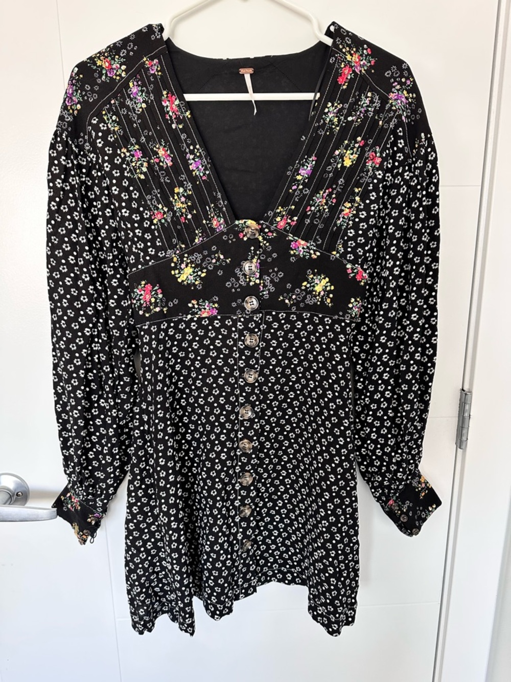 Free People Wonderland Mini Dress Black Floral Boho Balloon Sleeve Button Front